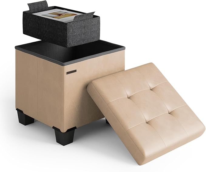 Storage Ottoman Cube with Small Bin, 15-in Square Ottoman with Storage for Living Room and Bedroom, Small Ottomans Foot Rest, Leather Foot Stools Ottomans Max 330lbs, Taupe