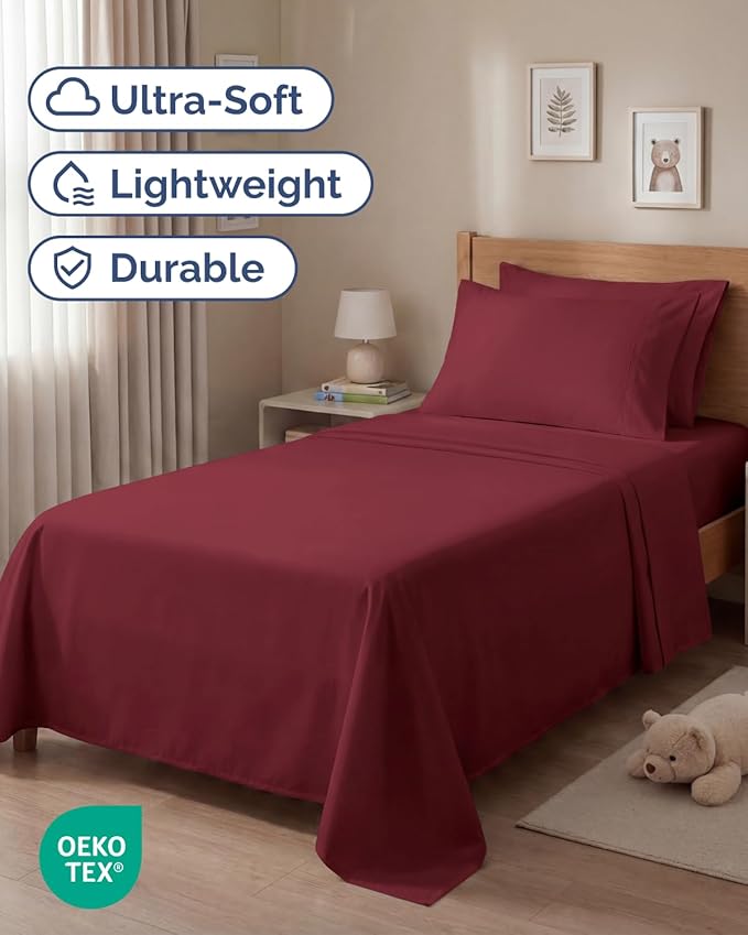 Twin 4 Piece Sheet Set - Comfy, Breathable & Cooling - Hotel Luxury Bedding for Women, Men, Kids, Teens and Children - 1 Flat & 1 Fitted Sheet & 2 Pillowcases w/ Deep Pockets - Wrinkle Free - Burgundy