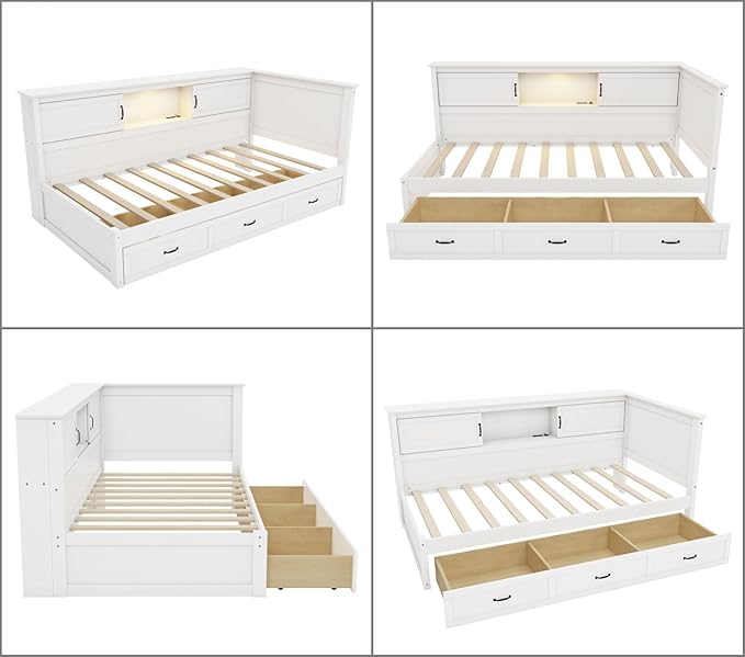 Merax Twin Size Corner Bed Frames with Storage Drawers, USB Port, Led Downlight Headboard & Bookcase, Wooden L-Shaped Captain Daybed for Small Room, Bedroom, Guest Room, kids'Room, White