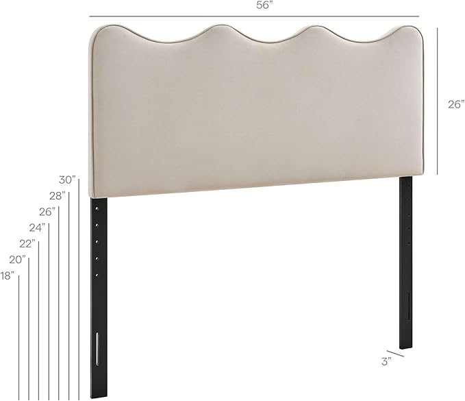 Monday Athena Full Size Performance Velvet Adjustable Headboard in Almond - with Scalloped Wave Design and Stain-Resistant Velvet Upholstery