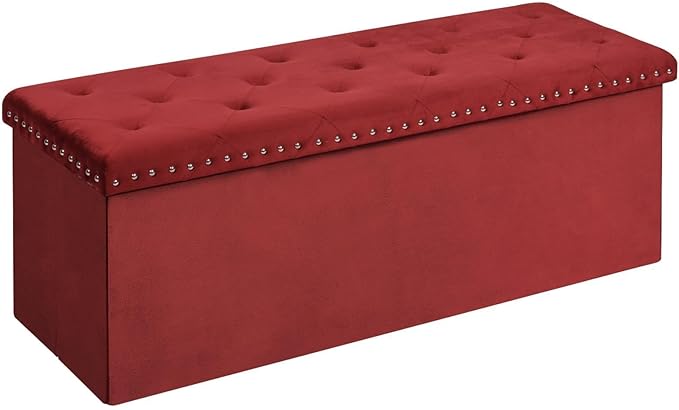 B FSOBEIIALEO Luxury Velvet Fabric Storage Ottoman Bench, Extra Large 140L Toy Chest Storage Boxes Footrest Bench for Bedroom, 43 Inches Red