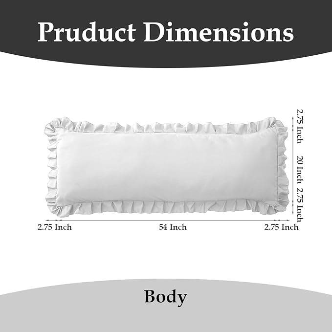 Ruffled Body Pillow Pillowcases Set of 2 – Soft Wrinkle Resistant Brushed Microfiber Body Pillowcases –Envelope Pillow Shams Festive Gift for Hotels, Guest Rooms 20x54 Inch (White)