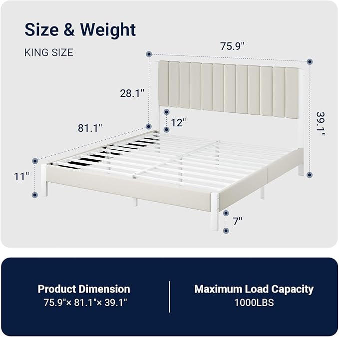 Avenco King Size Bed Frame with Velvet Upholstered Piano Keys Headboard, Metal Bed Frame Platform Design with Metal Slats for Bedroom, White
