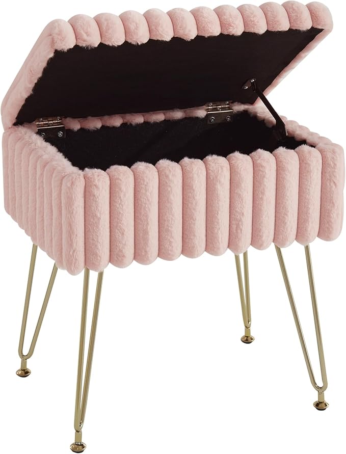 EBENCHICO Vanity Stool Chair with Storage, Faux Fur Stools for Vanity Makeup, Foot Stool Ottoman with 4 Metal Legs, Small Vanity Bench Seat Chairs for Living Room Bedroom