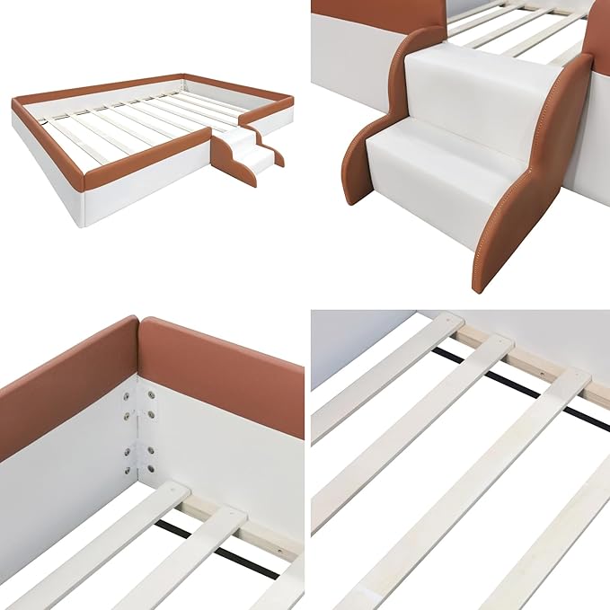 Merax Full Size Daybed Frame with Fence and Stairs, Upholstered Wood Bed for Living Room, Floor Bed, White+Brown