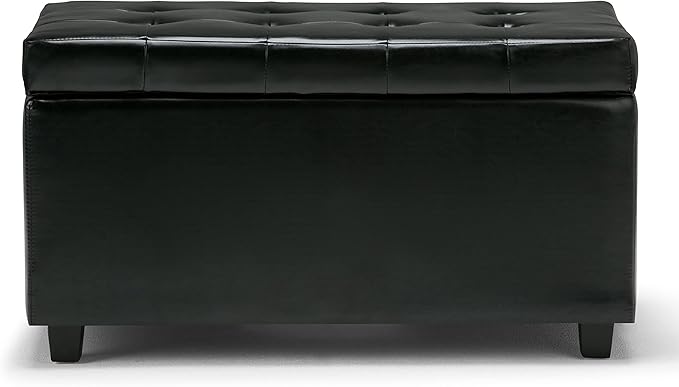 SIMPLIHOME Cosmopolitan Storage Ottoman - 34 inch Wide Upholstered Vegan Leather Rectangle Storage Ottoman Bench in Midnight Black, Transitional Tufted Ottoman for Living Room with Lift-Up Lid