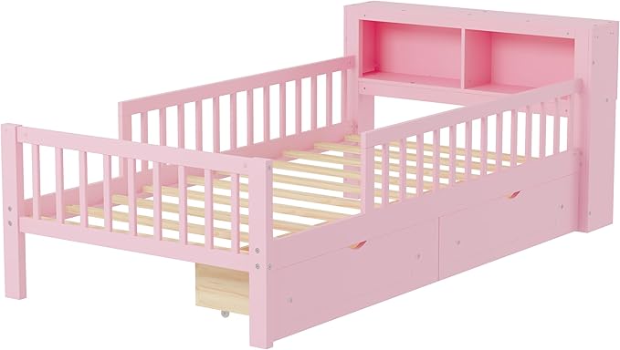 Bellemave Twin Bed Frames with Rails for Kids, Twin Bed Frame with Storage Drawers and Headboard Storage Rack for Kids，Pink