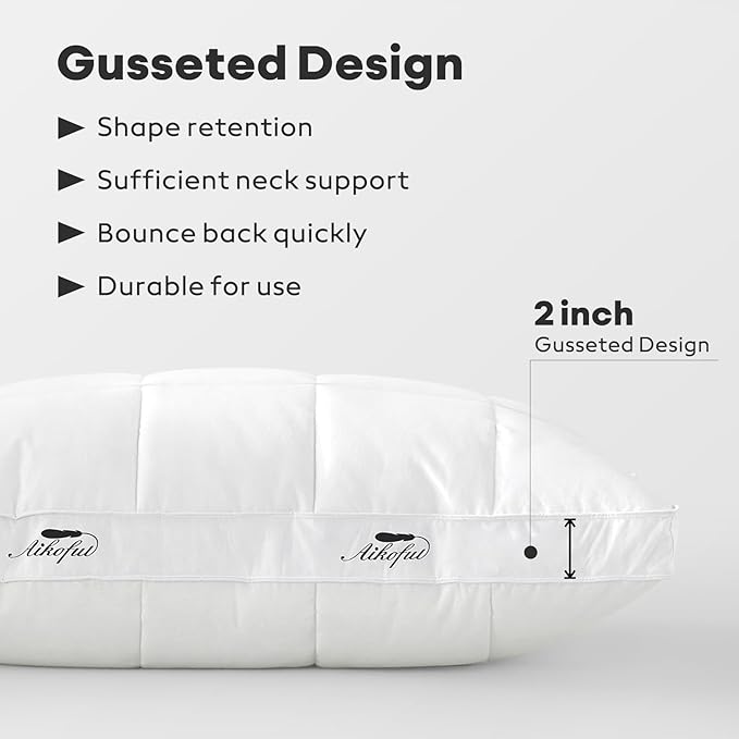 Goose Feather Down Pillows Queen Size Set of 2, Gusseted Design Hotel Collection Pillows, 100% Cotton Cover, Medium Firm Support Bed Pillows for Side, Back, and Stomach Sleepers(18”x28”)