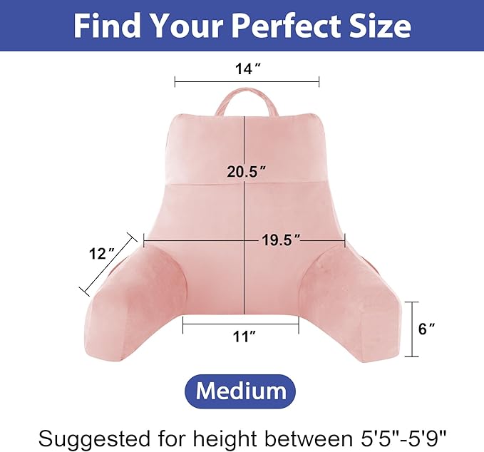 IPYNBAP Back Pillow for Bed Sitting up, Reading Pillow for Sitting in Bed Adult, Back Support Pillow, Memory Foam Sit up Lounge Backrest Pillow with Arms for TV, Couch, Chair, Dorm, 20 Inch, Pink
