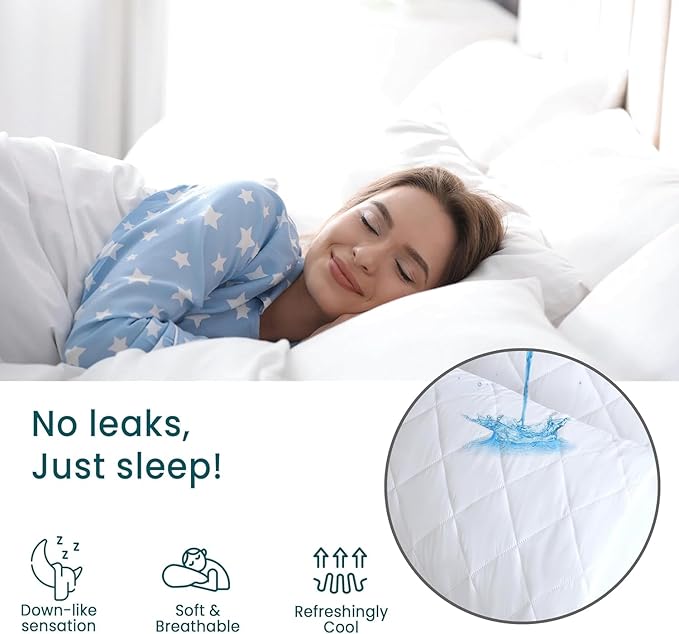 Quilted Waterproof Pillow Protectors, Standard Size Pack of 2 Zippered Pillowcases, Breathable Protective Pillow Encasement Covers 20 x 26 Inches