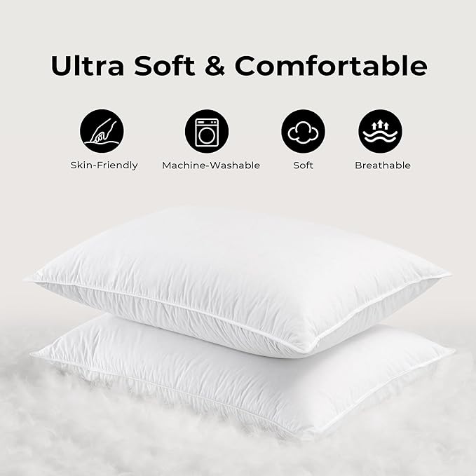 UNIKOME White Goose Down Feather Pillows - 100% Cotton Cover - Queen Size Pillow Set of 2, Made in Japan Pillow for Sleeping