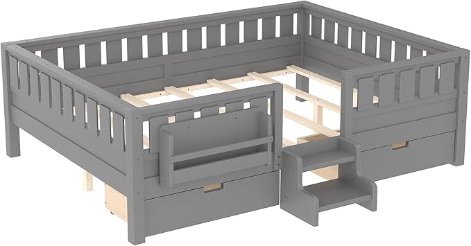 Bellemave Queen Size Kids Montessori Bed with Stairs and Bookshelf,Solid Wood Queen Size Kids Bed Frame with Drawers and Storage for Girls Boys,Low-Profile,Gray