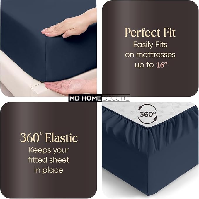 4 Piece Split Head Flex Sheet Set, 34" Top Split King Sheets for Adjustable Beds, 100% Egyptian Cotton, 16 Inch Deep Pocket, Soft Durable Breathable Sheets, Navy Blue Solid, Ideal for Adjustable Beds