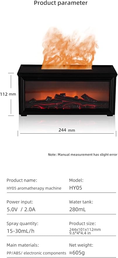 Fireplace Flame Air Diffuser Humidifier 280ml with Remote Control,7 Colors Aromatherapy Essential Oil Diffuser,Ultrasonic Aroma Humidifier with Timer for Home,Bedroom,Office,Yoga, White
