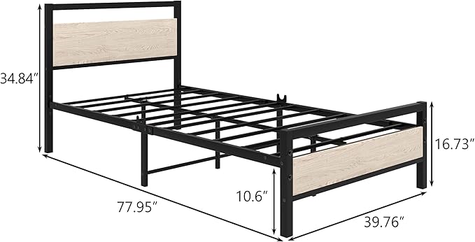 HOJINLINERO Twin Bed Frames with Wood Headboard,Metal Twin Platform Bed Frame No Box Spring Needed,Heavy Duty Steel Slats,No Noise,Black and Teak Oak