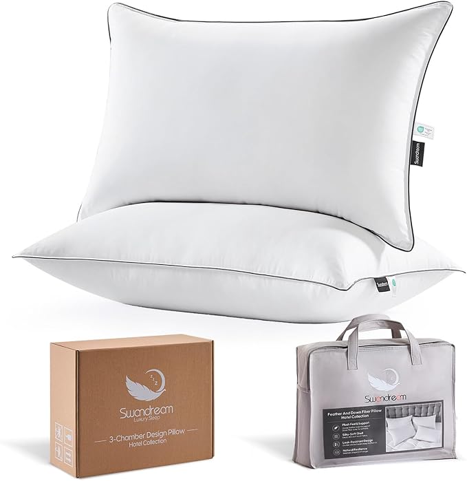 Goose Feather and Down King Pillows 2 Pack, Luxury 3-Chamber Pillows with Soft & Down-Proof Cover, Fluffy Plush Hotel Collection Bed Pillows for Side, Back & Stomach Sleepers