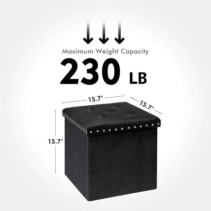 PINPLUS Black Folding Storage Ottoman Cube, Small Velvet Tuffed Foot Rest Stool with Rivet Design, Padded Seat for Living Room, Shoes Box Chest for Bedroom Vanity Area, 15.7inches