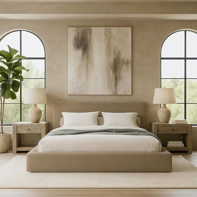 Square Bed – Washable Cover - Soft Upholstered Linen - Minimalist Modern - Sold Separately (Taupe Boucle, Twin Base)