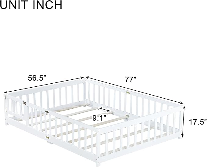 Bellemave Full Size Floor Bed with Slats and Safety Guardrail, Full Size Montessori Floor Bed with Fence and Door, Easy Assemble Montessori Beds for Kids, Girls, Boys, White