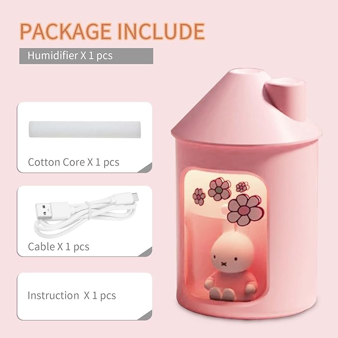 Mipow x miffy BTA700M Cool Mist Humidifier for Bedroom,Ultrasonic Quiet Humidifier with Night Light,450 ML Double Spray Humidifiers for Nursery,Office Indoor Plants (Pink), Gift for Mother's Day