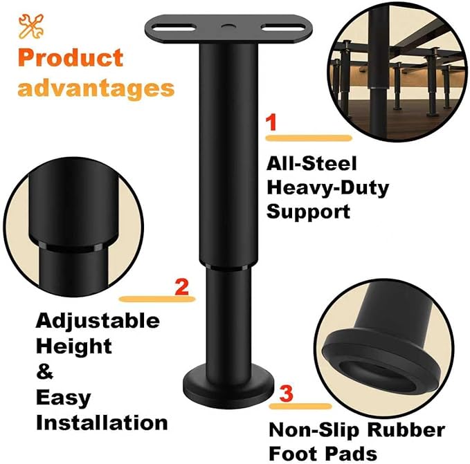 6 Pack Adjustable Bed Support Legs 7.3"-12.6", Heavy Duty Thick Carbon Steel Bed Legs Replacement with Rubber Pads, Easy Install on Bed Frame or Slats