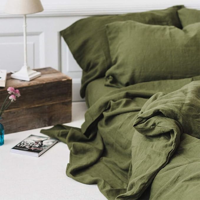 Simple&Opulence 100% Linen Duvet Cover Set 3pcs Basic Style Natural French Washed Flax Solid Color Soft Breathable Farmhouse Bedding with Button Closure - Olive Green, Queen