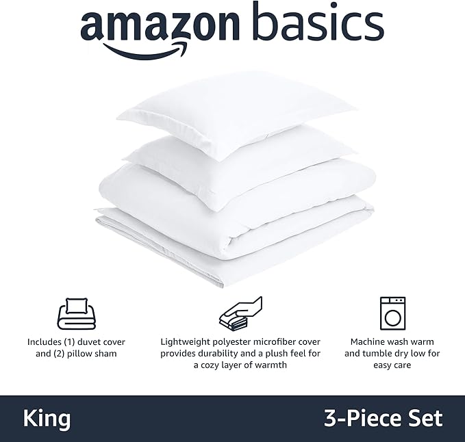 Amazon Basics Lightweight Microfiber 3 Piece Duvet Cover Set with Zipper Closure, King, Bright White