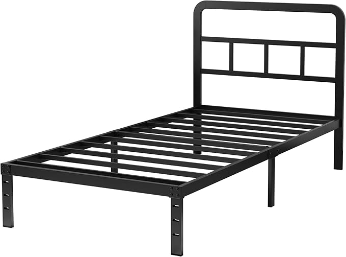 Husleephu Twin XL Bed Frames with Headboard, 12 Inch Twin XL Metal Bed Frame No Box Spring Needed, Heavy Duty Metal Slats, Noise Free, Easy Assembly, Black