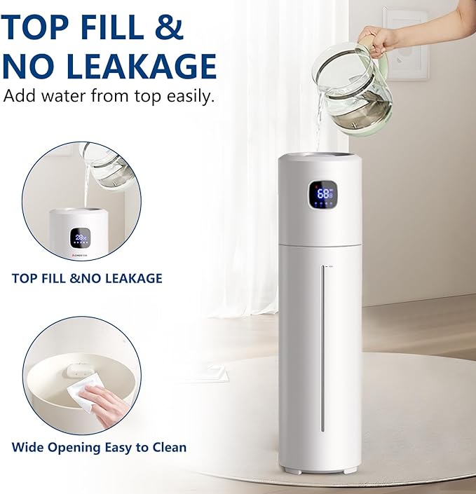 Akeshan Large Humidifiers for Bedroom, 9L/2.5Gal Ultrasonic Cool Mist, Top Fill Easy Clean with 350ML/H Mist Speed, Quiet, Suitable for Kids Room Plant Yoga Office Study Room Living (White, Round)