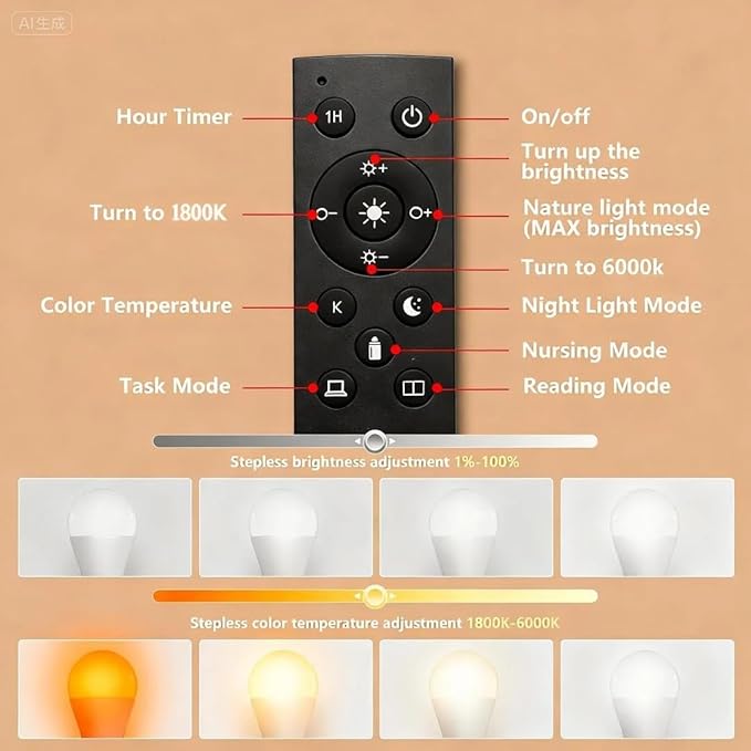 Amber Sleep Light Bulbs with Remote Control, 800LM 9W (60W Equivalent),Circadian Rhythm Light Bulb,Dim,1800K-6500K,E26,2.4G,Warm and Reading Light Bulb for Home Decor,2Bulb&1Remote