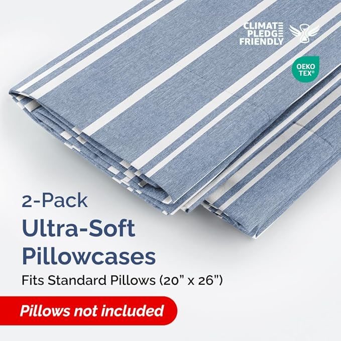 Standard Pillow Cases Set of 2 - Ultra-Soft Hotel Quality Pillowcase Covers - Comfy & Wrinkle Free - Stain and Fade Resistant - Machine Washable Pillow Protectors - 2 Piece Set - Blue Stripes 3