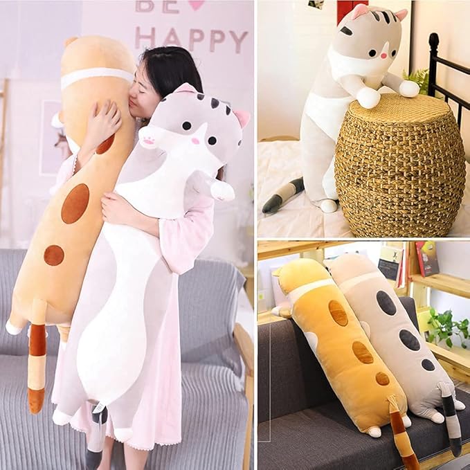Cute Cat Plush Long Body Pillow Cuddle Cartoon Stuffed Animals Cat Plushie Soft Doll Pillows Gifts for Kids Girls (Orange, 19")