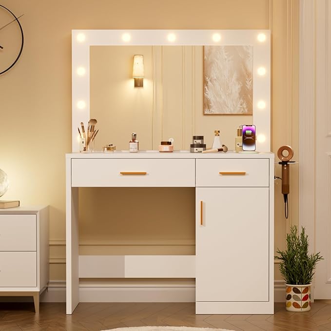 Sweetcrispy Vanity Desk with Mirror and 11 LED Lights, Makeup Vanity Table with Charging Station (2AC/USB/C), Dressing Table with 2 Drawers & Large Cabinet, 3 Lighting Color Adjustable, White