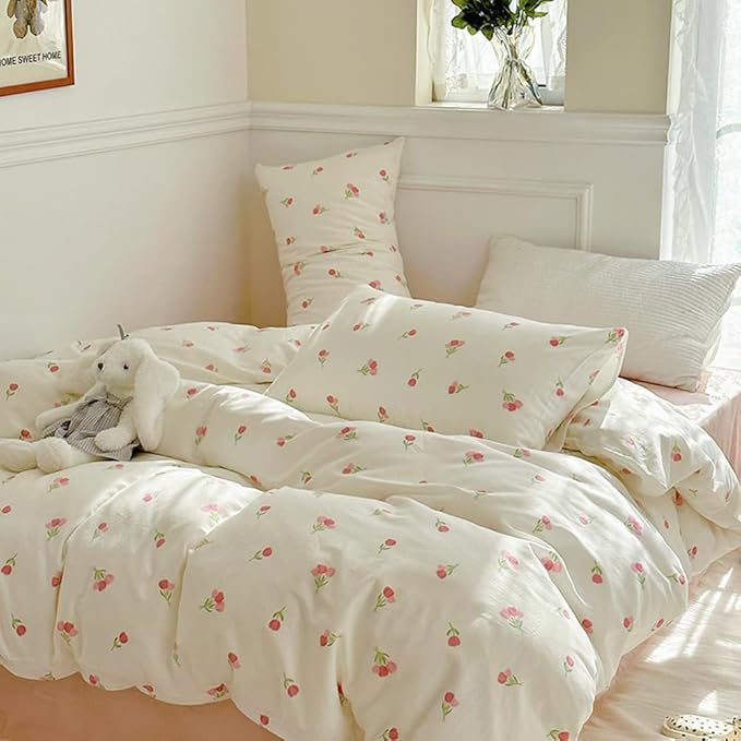 Nayoroom Pink Floral Duvet Cover Queen Size Cute Tulip Printed on White Comforter Cover 3Pcs Kids Girls Kawaii Cottagecore Bedding Set with Zipper Closure Soft Breathable Microfiber