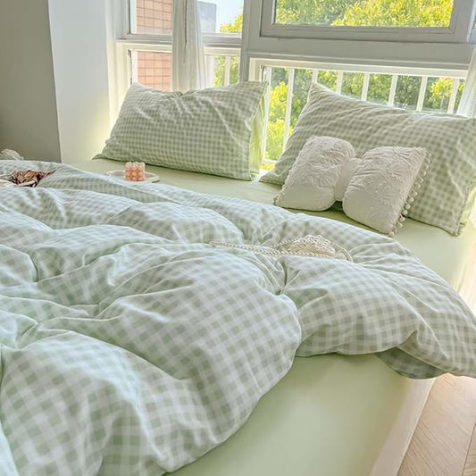 Nayoroom Green Gingham Duvet Cover Full Size Plaid Checkered Duvet Cover Girls Dorm Bedding Set 3 Pieces Soft Lightweight Washed Microfiber Farmhouse Bedding with Pillowcases