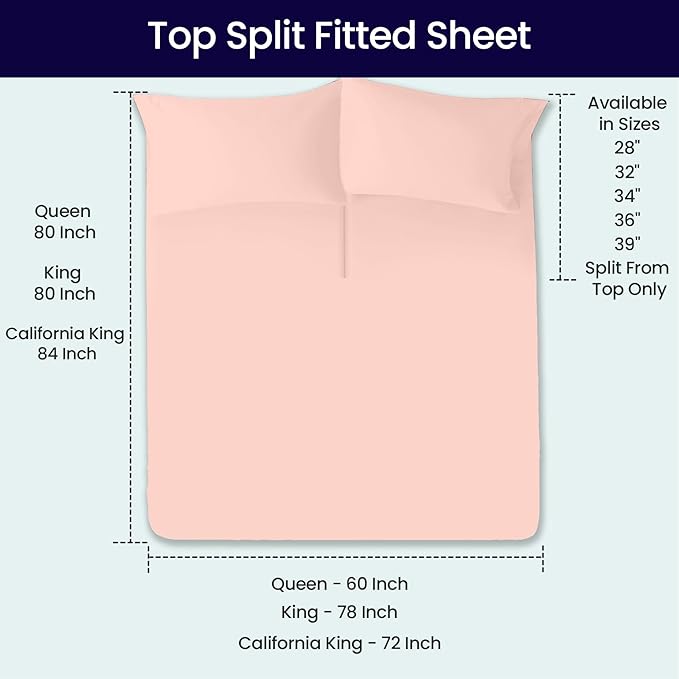 SGI bedding 28" Queen Split Top Flex Head Sheet 100% Egyptian Cotton 1000 Thread Count Flex Top Sheet for Adjustable Bed 4Pc Sheet Set 15" Deep Pocket for Sleep Number Bed - Peach