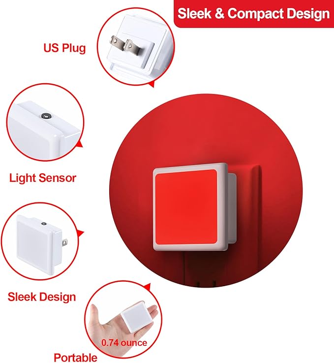 670nm Red Light Night Light for Sleep[8 Pack]- Zero Blue Light, Diammble & Energy Efficient 0.3W Night Light Plug into Wall with Dusk-to-Dawn Sensor for Nursery, Bedroom, Bathroom