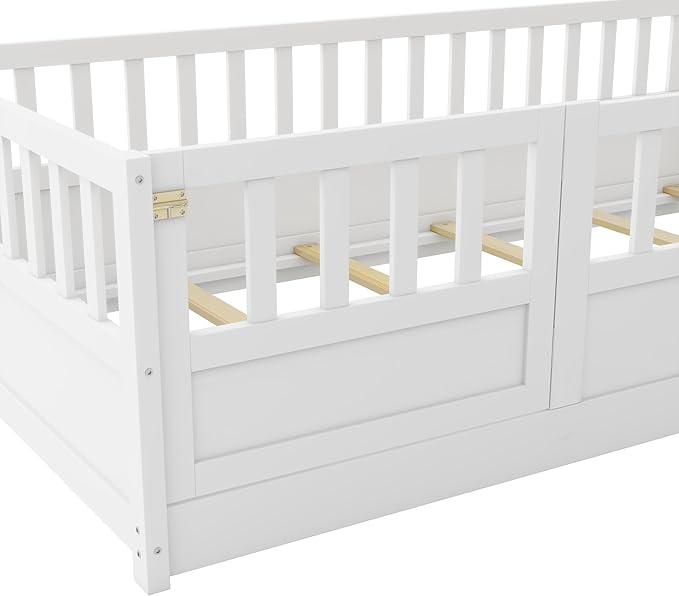 Twin Floor Bed with Slats and High Fence, Twin Size Montessori Floor Beds with Door, No Box Spring Needed, Easy Assemble Montessori Bed Frame(White Twin)