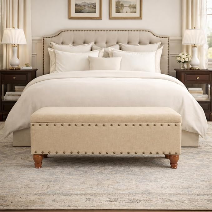 HomePop Large Rectangle Storage Bench with Nail Head Trim - Tan Linen