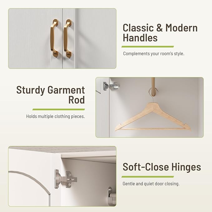 Set of 2 Armoire Wardrobe Closet, with Full-Length Mirror, Bedroom Armoires with 2 Storage Drawers & 2 Door Cabinet, White Freestanding Wardrobe Combination with Hanging and Organizing Clothes