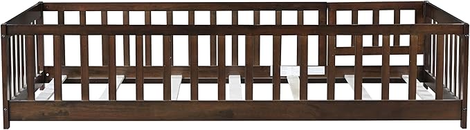 Bellemave Montessori Twin Floor Bed Frame with Fence and Removable Door, Low Profile Twin Size Montessori Bed Frame for Kids, Solid Wooden Floor Beds with Slats for Bedroom,Nursery, Espresso