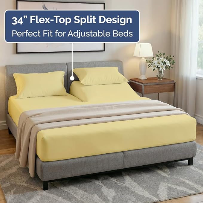 Flex Top Split Head King 4 Piece Sheet Set - Ultra-Soft, Breathable & Cooling Bed Sheets Set - Hotel Luxury Bedding for Women & Men w/ Deep Pockets - Wrinkle Free & Fade Resistant - Oeko-Tex - Yellow