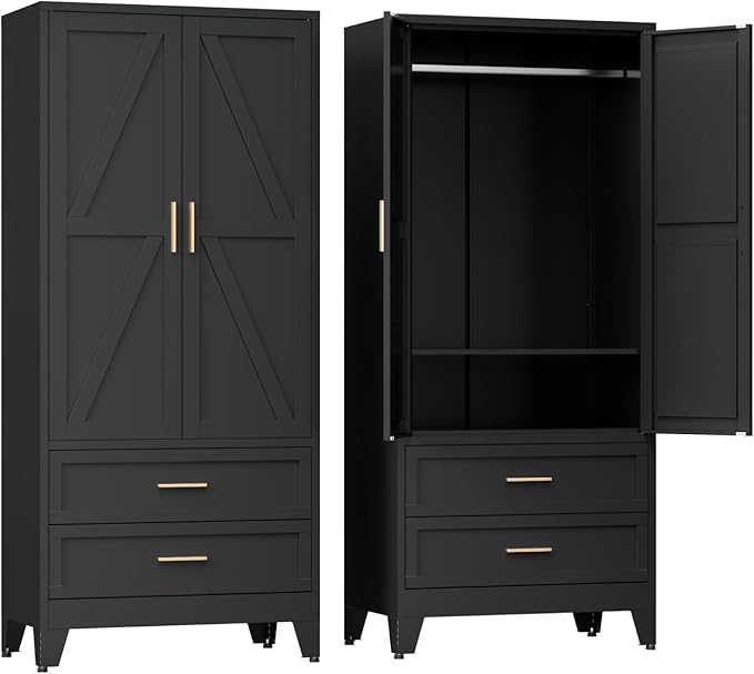 COFaR Armoire Wardrobe Closet with Drawers & Hanging Rod, 71'' Metal Wardrobe Closet with Doors & Adjustable Shelf, Farmhouse Wardrobe Cabinet for Bedroom Home Office Garage, Black