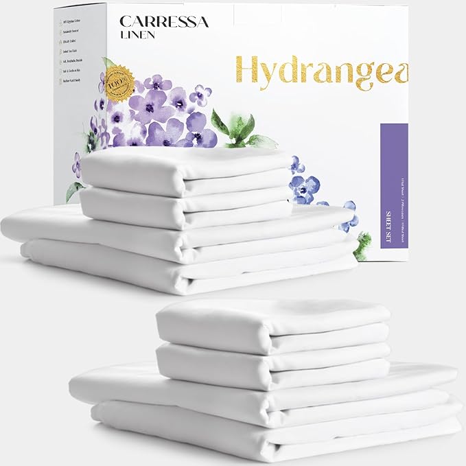 Carressa Linen California King Egyptian Cotton Sheet Sets - 600 Series Hydrangeas Collection Cal King Cotton Sheet Set (8 PC, Crisp White), 16" Deep Pocket Sateen Weave Luxury Hotel Bed Sheets