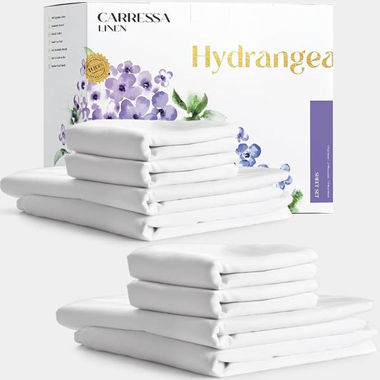 Carressa Linen 100% Egyptian Cotton Full Size Sheets - 600 Series Hydrangeas Collection Full Size Egyptian Cotton Sheets (8 PC, Crisp White), 16" Deep Pocket Sateen Weave Luxury Hotel Bed Sheet Set