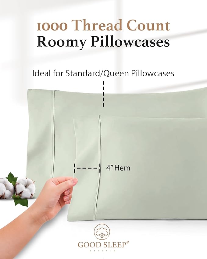 1000 TC Sage Standard Pillowcases Set of 2 100% Egyptian Cotton Pillow Cases with Long Staple Cotton & Sateen Weave, Silky Soft Hotel - Like Bed Pillow Covers for Comfy Sleeping, Snug Fit