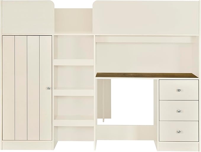 Harper & Bright Designs Full Size Loft Bed with Desk, Wood Full Loft Bed Frame with Built-in Wardrobe, Storage Shelves and Drawers, Beige