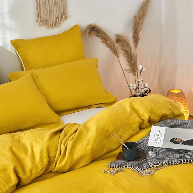 Simple&Opulence 100% Linen Duvet Cover Set 3pcs Basic Style Natural French Washed Flax Solid Color Soft Breathable Farmhouse Bedding with Button Closure - Mustard Yellow, King