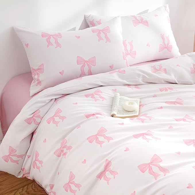 Nayoroom Pink Bow Duvet Cover Queen Size Heart Duvet Cover Coquette Bedding Set 3 Pieces Girls Cute Dorm Bedding Set with Pillowcases Soft Lightweight Microfiber