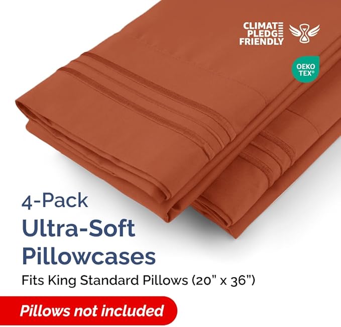 King Standard Pillow Cases Set of 4 - Soft Hotel Quality Pillowcase Covers - Comfy Bedding for Women, Men, Kids & Teens - Machine Washable Pillow Protectors - 4 Piece Set - King Standard Terracotta